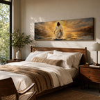 A panoramic painting of Jesus walking across the surface of the sea beneath a glowing golden sunset, his flowing white robes illuminated by radiant light as waves ripple around his feet while distant mountains and dramatic clouds frame the horizon.