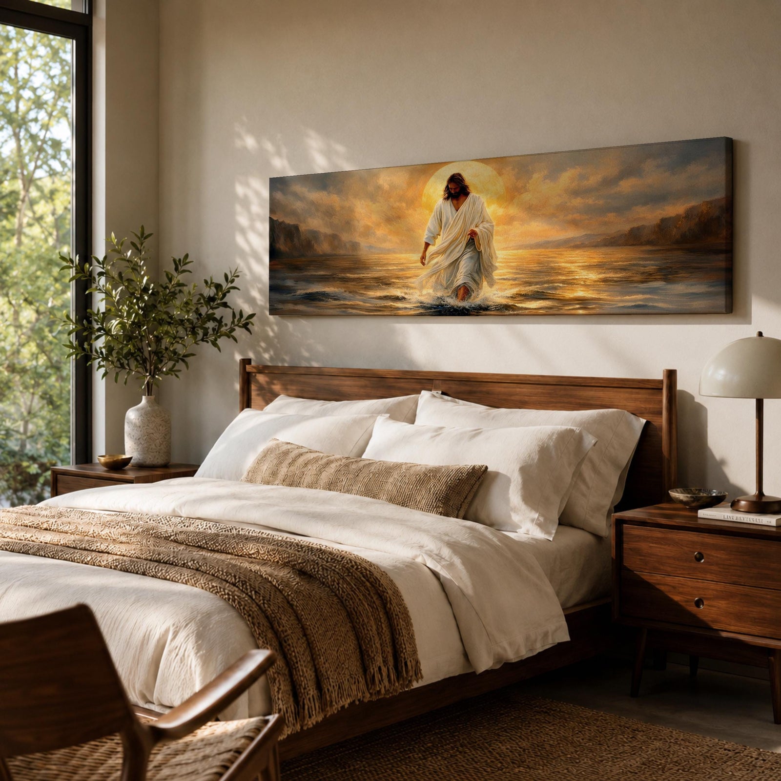 A panoramic painting of Jesus walking across the surface of the sea beneath a glowing golden sunset, his flowing white robes illuminated by radiant light as waves ripple around his feet while distant mountains and dramatic clouds frame the horizon.