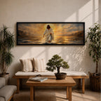 A panoramic painting of Jesus walking across the surface of the sea beneath a glowing golden sunset, his flowing white robes illuminated by radiant light as waves ripple around his feet while distant mountains and dramatic clouds frame the horizon.