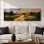 A panoramic countryside landscape painting showing a winding dirt road leading through grassy fields toward a traditional windmill and small farmhouse under a glowing sunset sky, with soft clouds and warm golden light illuminating the rural scenery across the wide composition.