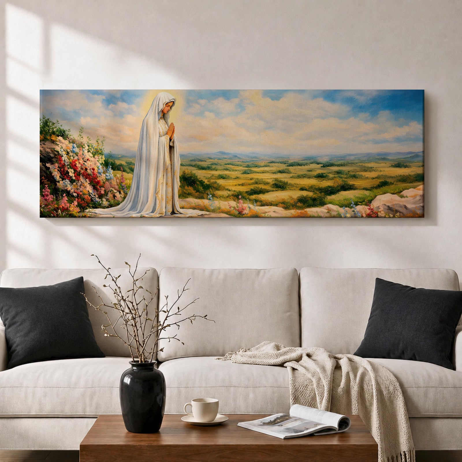 Panoramic painting of the Virgin Mary, the Blessed Mother, standing in prayer on a hillside with colorful flowers overlooking a peaceful countryside landscape beneath a soft blue sky.