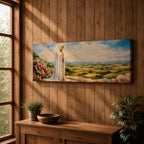 Panoramic painting of the Virgin Mary, the Blessed Mother, standing in prayer on a hillside with colorful flowers overlooking a peaceful countryside landscape beneath a soft blue sky.