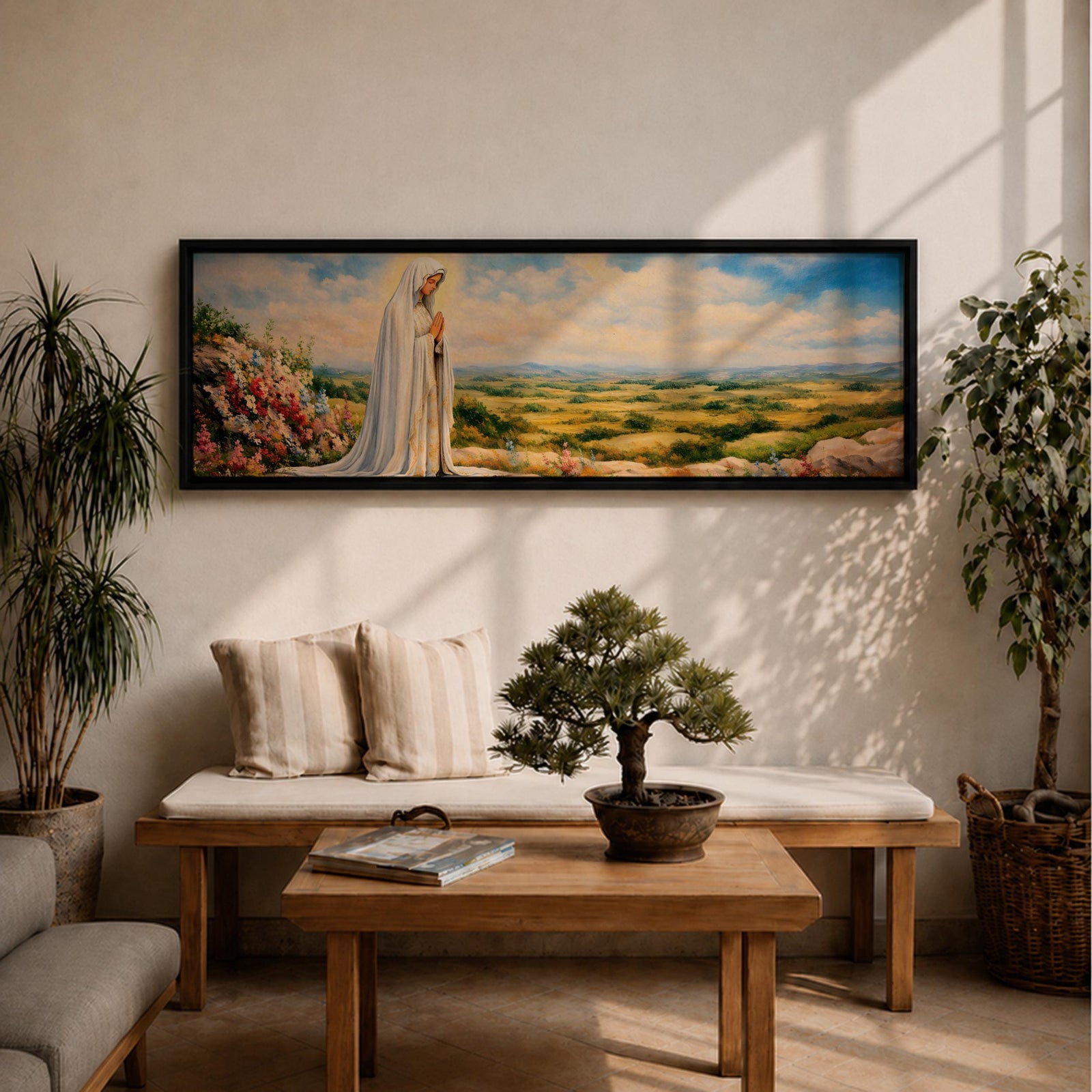 Panoramic painting of the Virgin Mary, the Blessed Mother, standing in prayer on a hillside with colorful flowers overlooking a peaceful countryside landscape beneath a soft blue sky.