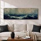 Panoramic painting of dark stormy ocean waves crashing under a cloudy sky, creating a dramatic moody seascape with deep blue water and textured white surf.