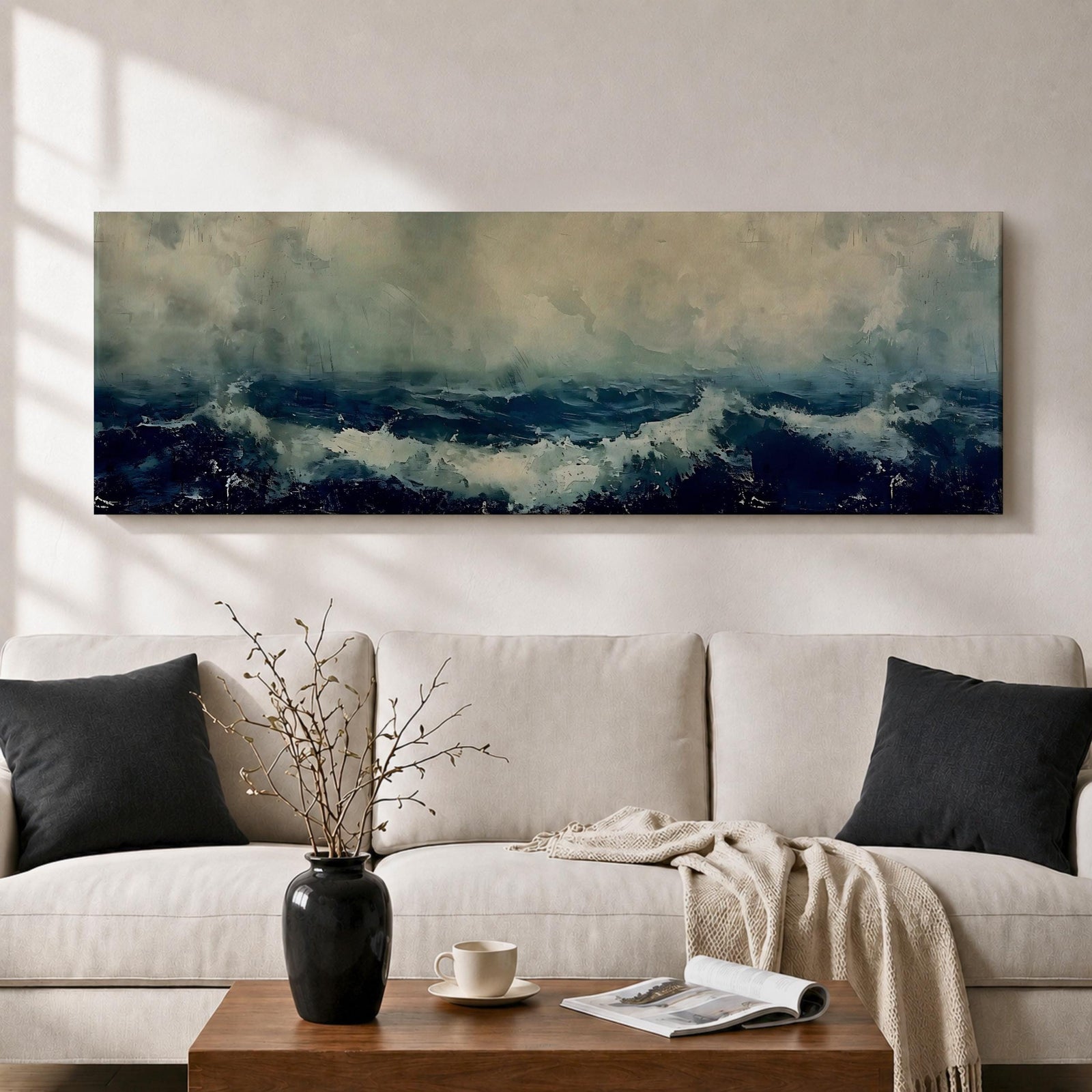 Panoramic painting of dark stormy ocean waves crashing under a cloudy sky, creating a dramatic moody seascape with deep blue water and textured white surf.