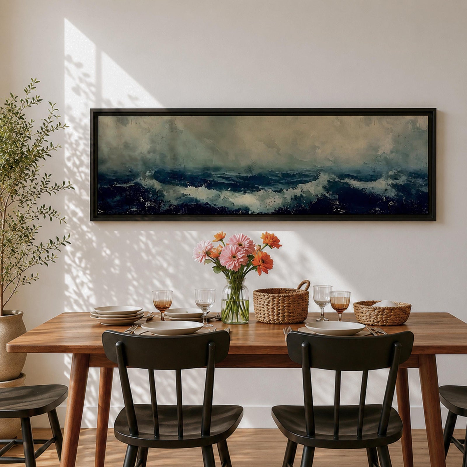 Panoramic painting of dark stormy ocean waves crashing under a cloudy sky, creating a dramatic moody seascape with deep blue water and textured white surf.