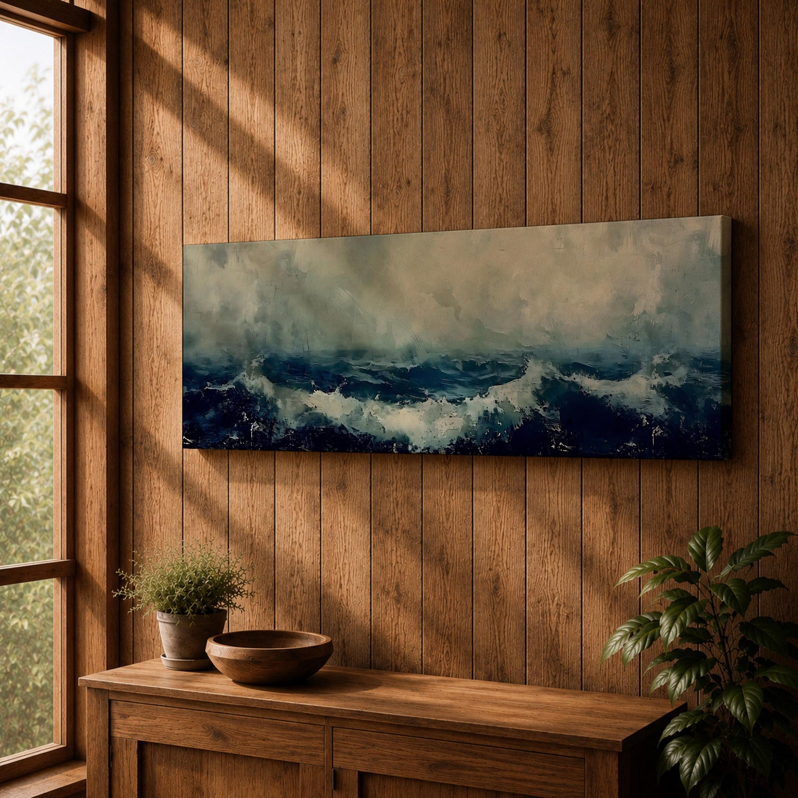 Panoramic painting of dark stormy ocean waves crashing under a cloudy sky, creating a dramatic moody seascape with deep blue water and textured white surf.