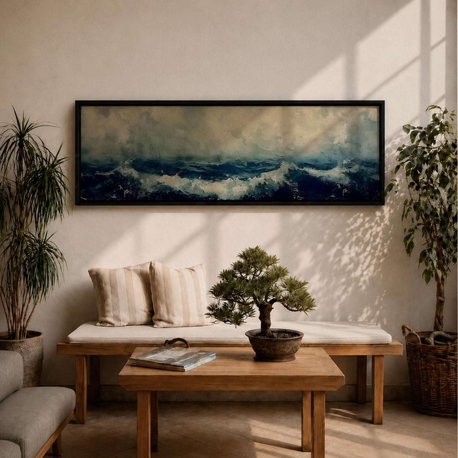 Panoramic painting of dark stormy ocean waves crashing under a cloudy sky, creating a dramatic moody seascape with deep blue water and textured white surf.