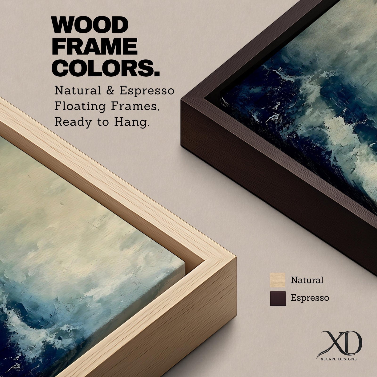 Panoramic painting of dark stormy ocean waves crashing under a cloudy sky, creating a dramatic moody seascape with deep blue water and textured white surf.