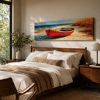 Panoramic coastal painting of a weathered red wooden boat resting on a sandy beach beside tall golden dune grass with the blue ocean and gentle waves in the background.
