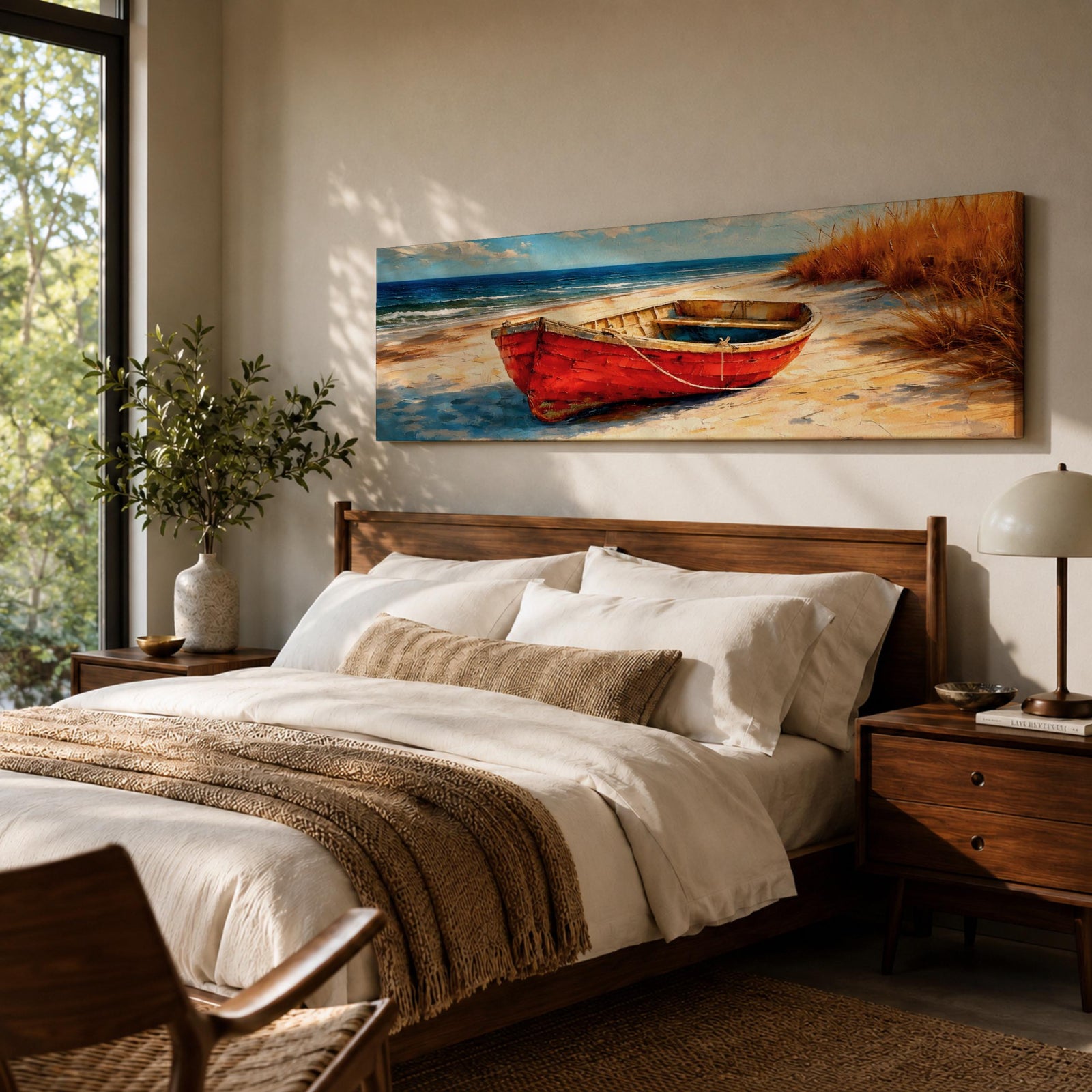 Panoramic coastal painting of a weathered red wooden boat resting on a sandy beach beside tall golden dune grass with the blue ocean and gentle waves in the background.