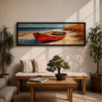 Panoramic coastal painting of a weathered red wooden boat resting on a sandy beach beside tall golden dune grass with the blue ocean and gentle waves in the background.