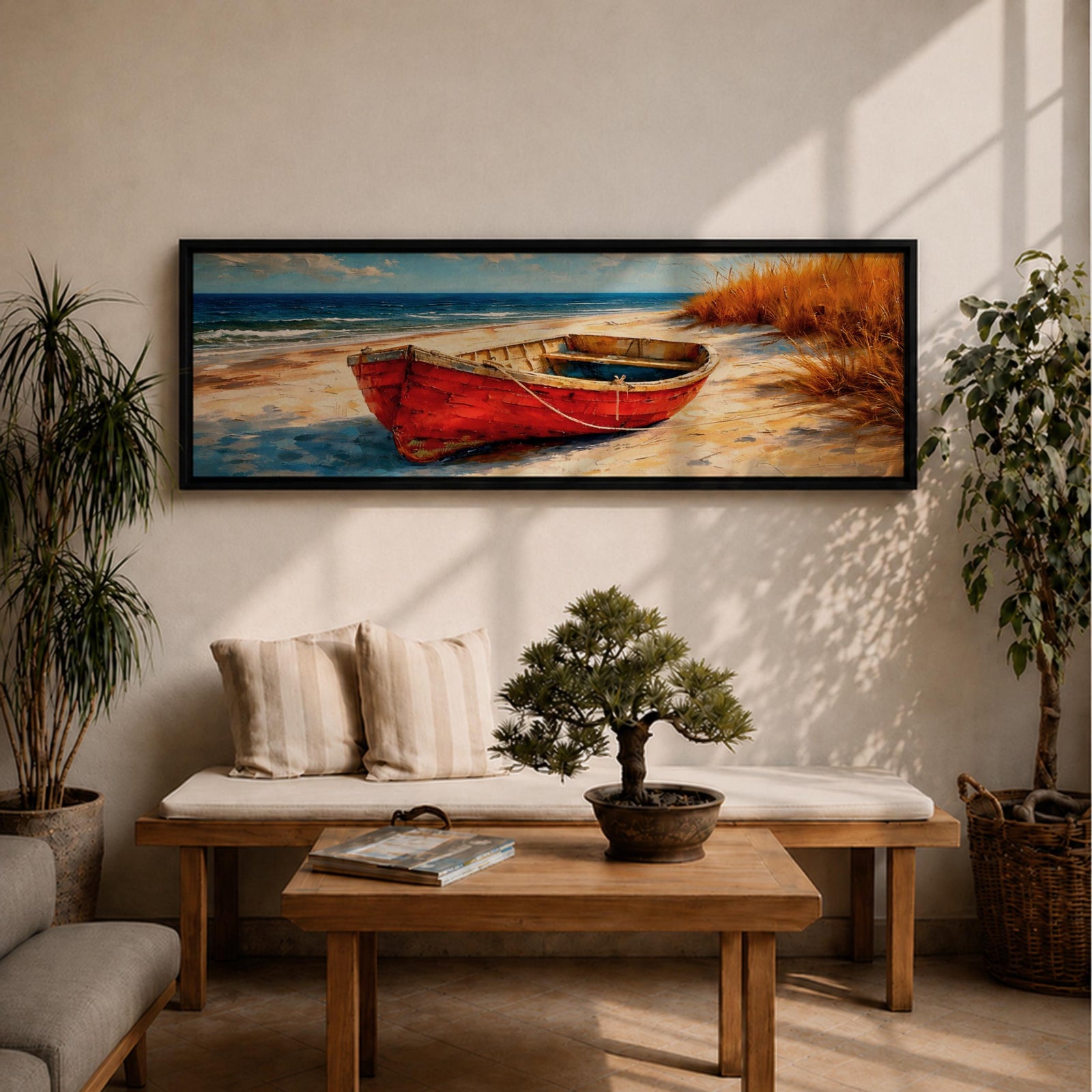 Panoramic coastal painting of a weathered red wooden boat resting on a sandy beach beside tall golden dune grass with the blue ocean and gentle waves in the background.