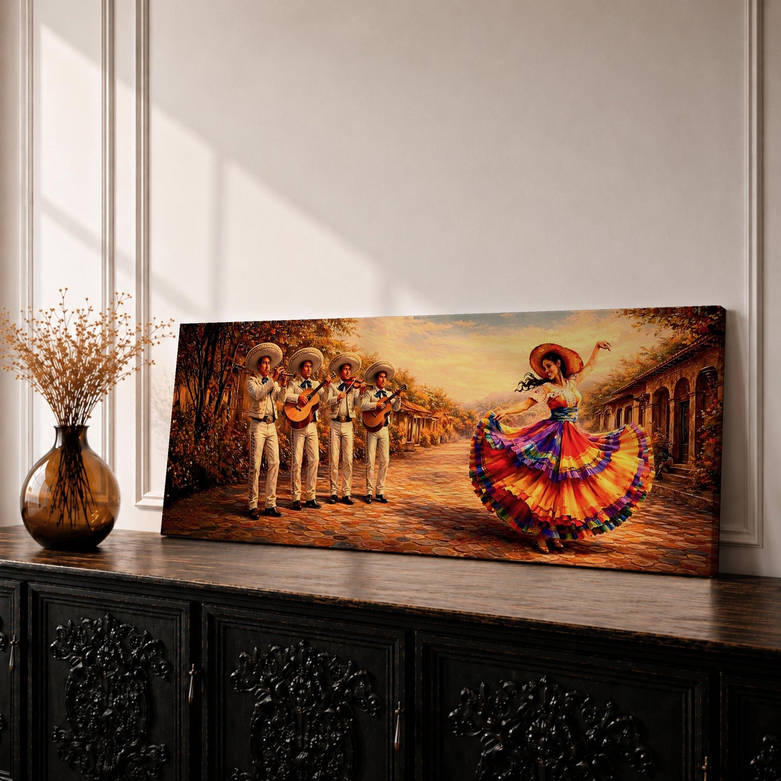 Panoramic painting of a mariachi band playing music while a Mexican folklórico dancer in a colorful flowing dress performs on a sunlit village street.