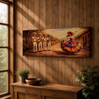 Panoramic painting of a mariachi band playing music while a Mexican folklórico dancer in a colorful flowing dress performs on a sunlit village street.