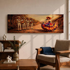 Panoramic painting of a mariachi band playing music while a Mexican folklórico dancer in a colorful flowing dress performs on a sunlit village street.