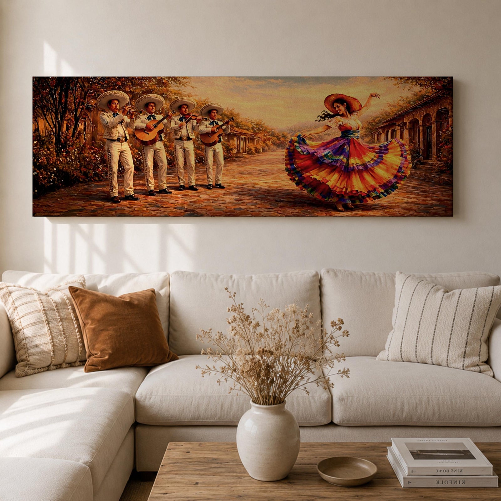 Panoramic painting of a mariachi band playing music while a Mexican folklórico dancer in a colorful flowing dress performs on a sunlit village street.