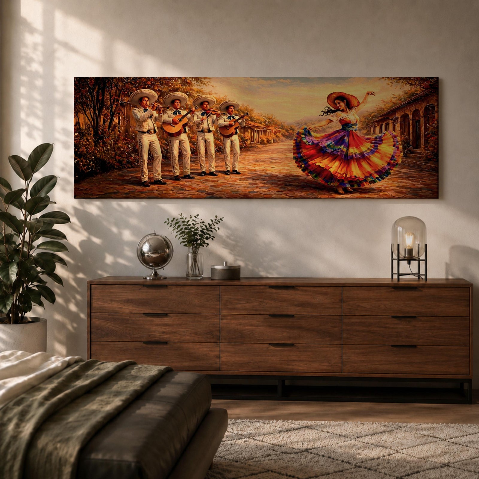 Panoramic painting of a mariachi band playing music while a Mexican folklórico dancer in a colorful flowing dress performs on a sunlit village street.