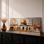 Panoramic painting of the Dome of the Rock in Jerusalem featuring the golden dome and historic stone arches with textured vintage style brushwork.