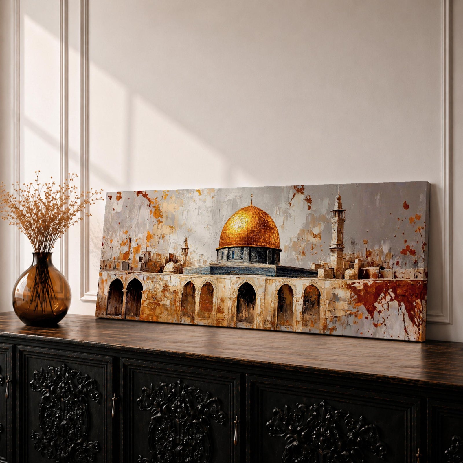 Panoramic painting of the Dome of the Rock in Jerusalem featuring the golden dome and historic stone arches with textured vintage style brushwork.