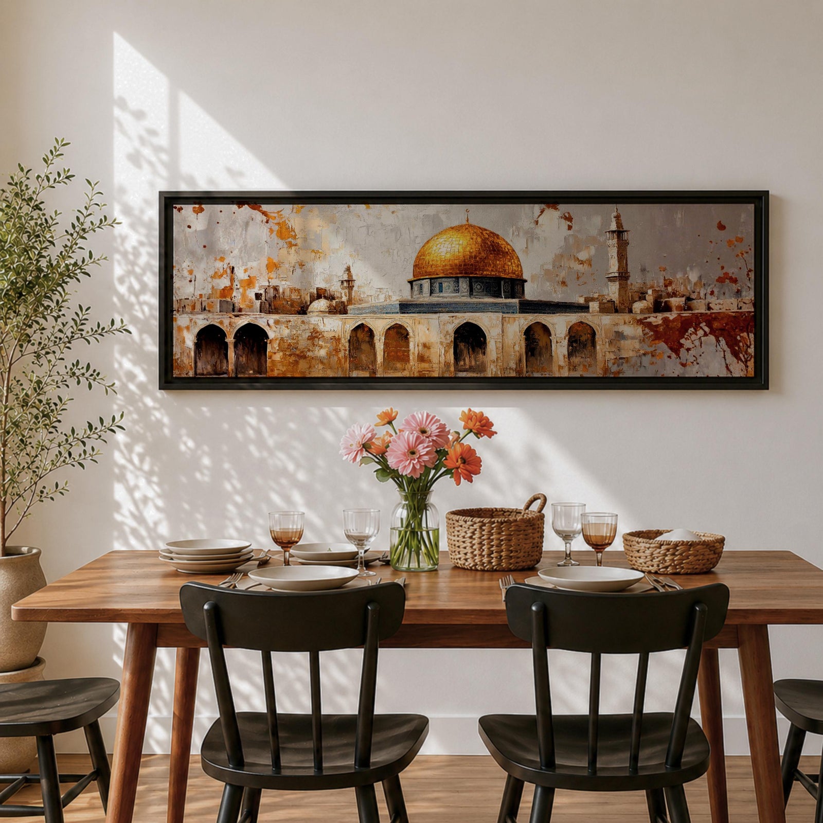 Panoramic painting of the Dome of the Rock in Jerusalem featuring the golden dome and historic stone arches with textured vintage style brushwork.