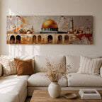Panoramic painting of the Dome of the Rock in Jerusalem featuring the golden dome and historic stone arches with textured vintage style brushwork.