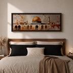 Panoramic painting of the Dome of the Rock in Jerusalem featuring the golden dome and historic stone arches with textured vintage style brushwork.