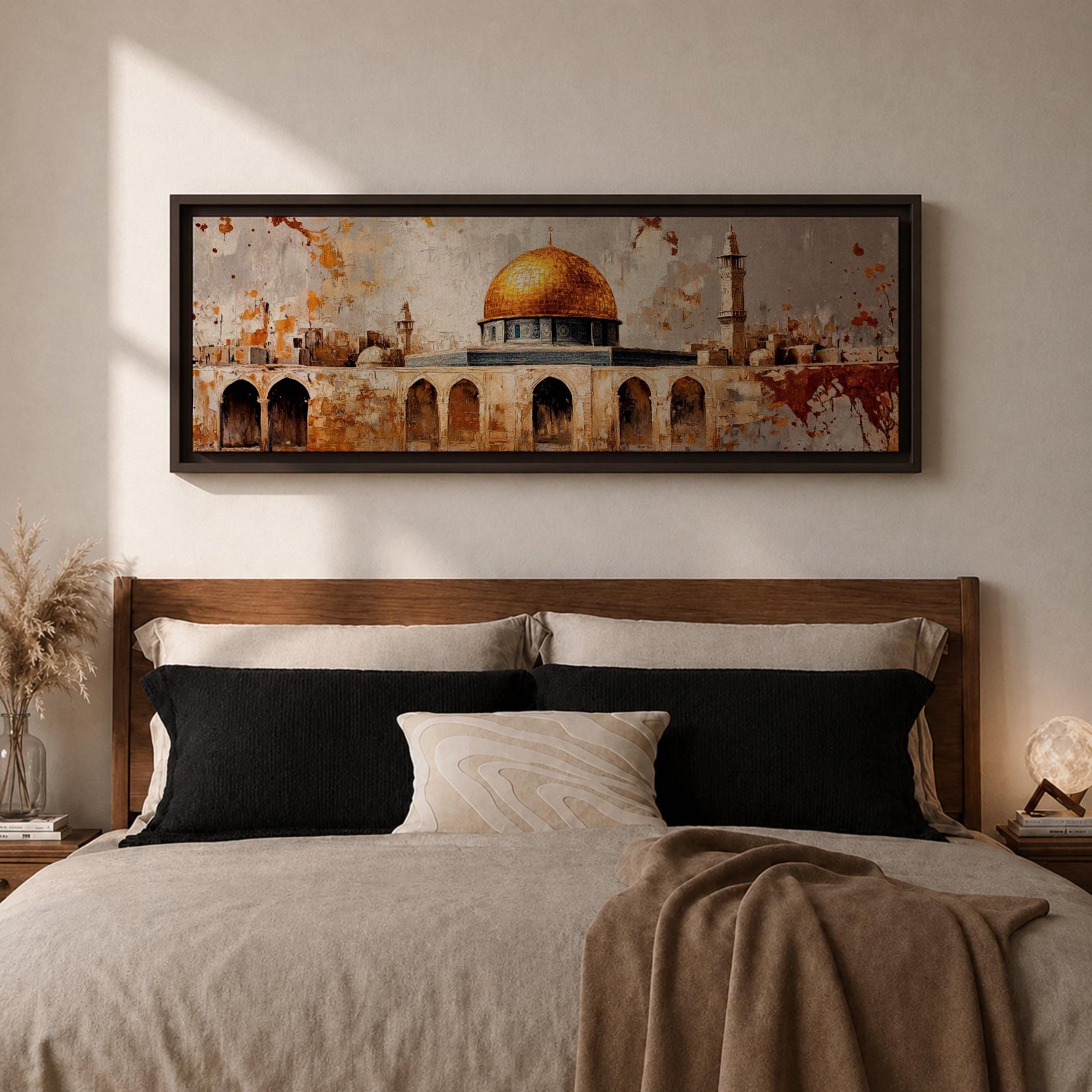Panoramic painting of the Dome of the Rock in Jerusalem featuring the golden dome and historic stone arches with textured vintage style brushwork.