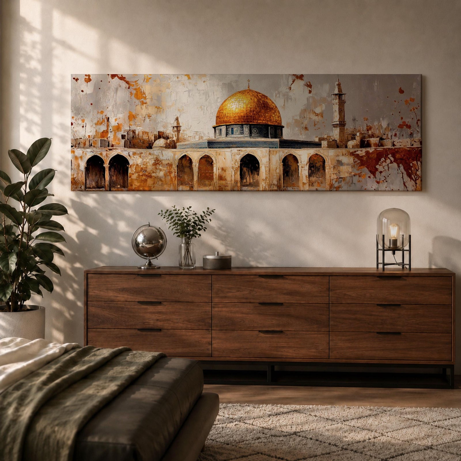 Panoramic painting of the Dome of the Rock in Jerusalem featuring the golden dome and historic stone arches with textured vintage style brushwork.