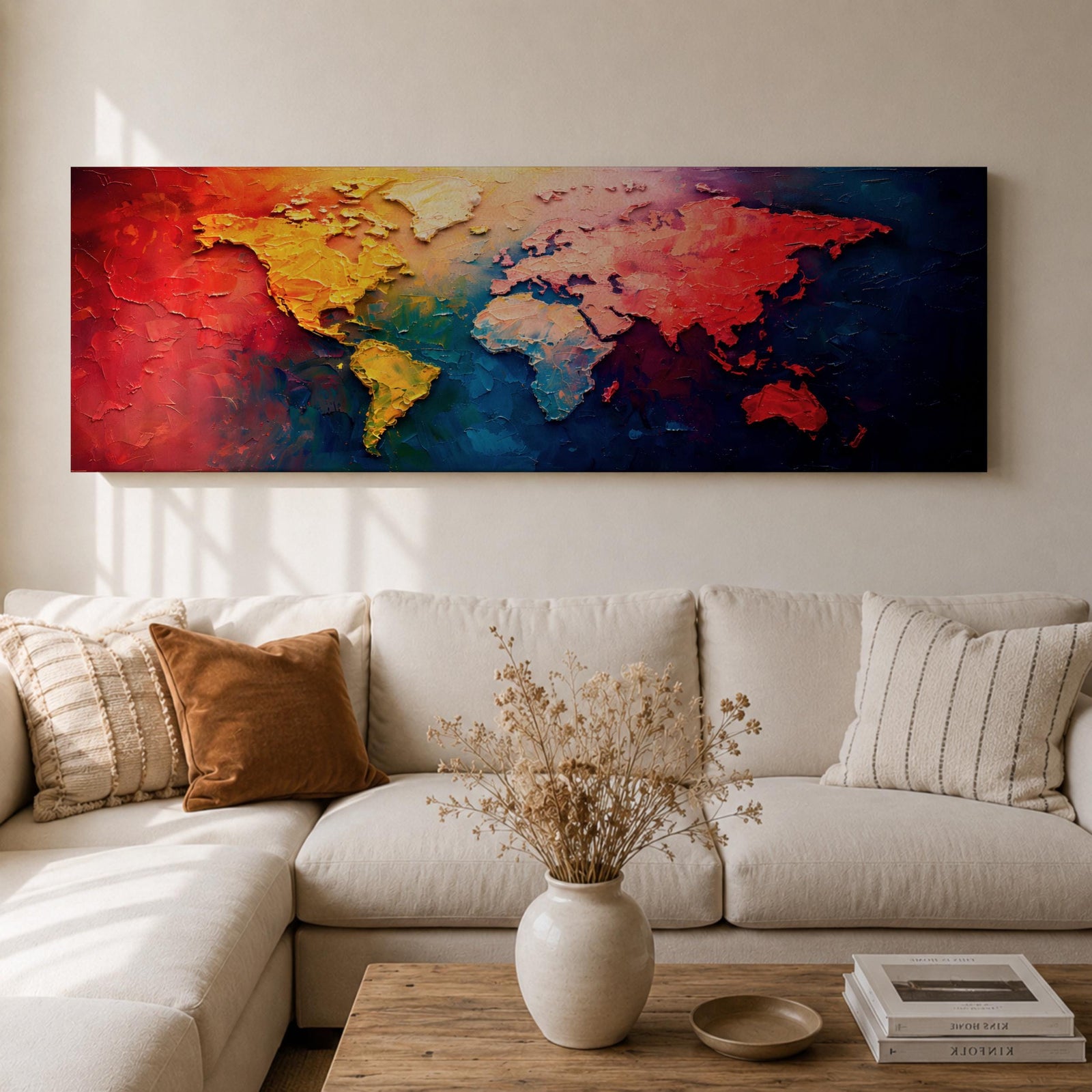 A long horizontal panoramic canvas displaying a textured abstract world map with continents formed using thick palette knife strokes. Warm tones of red, orange, and yellow shape the Americas while Europe and Africa appear in lighter hues, and Asia and Australia glow in deep reds against rich blue oceans in a modern atlas style composition.