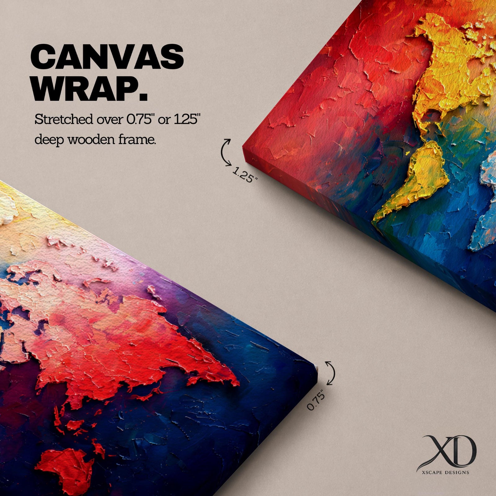 A long horizontal panoramic canvas displaying a textured abstract world map with continents formed using thick palette knife strokes. Warm tones of red, orange, and yellow shape the Americas while Europe and Africa appear in lighter hues, and Asia and Australia glow in deep reds against rich blue oceans in a modern atlas style composition.