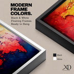 A long horizontal panoramic canvas displaying a textured abstract world map with continents formed using thick palette knife strokes. Warm tones of red, orange, and yellow shape the Americas while Europe and Africa appear in lighter hues, and Asia and Australia glow in deep reds against rich blue oceans in a modern atlas style composition.