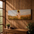 A long panoramic painting of Jesus standing in a wildflower meadow holding delicate pink flowers, wearing a flowing white robe with a golden halo behind his head. Tall grasses and blooming flowers stretch across the landscape under a soft sky, creating a peaceful Christian scene centered on Christ in nature.