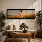 A long panoramic painting of Jesus standing in a wildflower meadow holding delicate pink flowers, wearing a flowing white robe with a golden halo behind his head. Tall grasses and blooming flowers stretch across the landscape under a soft sky, creating a peaceful Christian scene centered on Christ in nature.