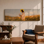 A long panoramic painting of Jesus standing in a wildflower meadow holding delicate pink flowers, wearing a flowing white robe with a golden halo behind his head. Tall grasses and blooming flowers stretch across the landscape under a soft sky, creating a peaceful Christian scene centered on Christ in nature.