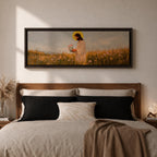 A long panoramic painting of Jesus standing in a wildflower meadow holding delicate pink flowers, wearing a flowing white robe with a golden halo behind his head. Tall grasses and blooming flowers stretch across the landscape under a soft sky, creating a peaceful Christian scene centered on Christ in nature.