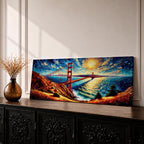 A long panoramic painting of the Golden Gate Bridge stretching across San Francisco Bay with vivid palette knife textures. The red suspension bridge rises between coastal hills while sunlight reflects across the water beneath a swirling sky of deep blues and warm yellows in an expressive impressionist landscape.