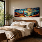 A long panoramic painting of the Golden Gate Bridge stretching across San Francisco Bay with vivid palette knife textures. The red suspension bridge rises between coastal hills while sunlight reflects across the water beneath a swirling sky of deep blues and warm yellows in an expressive impressionist landscape.