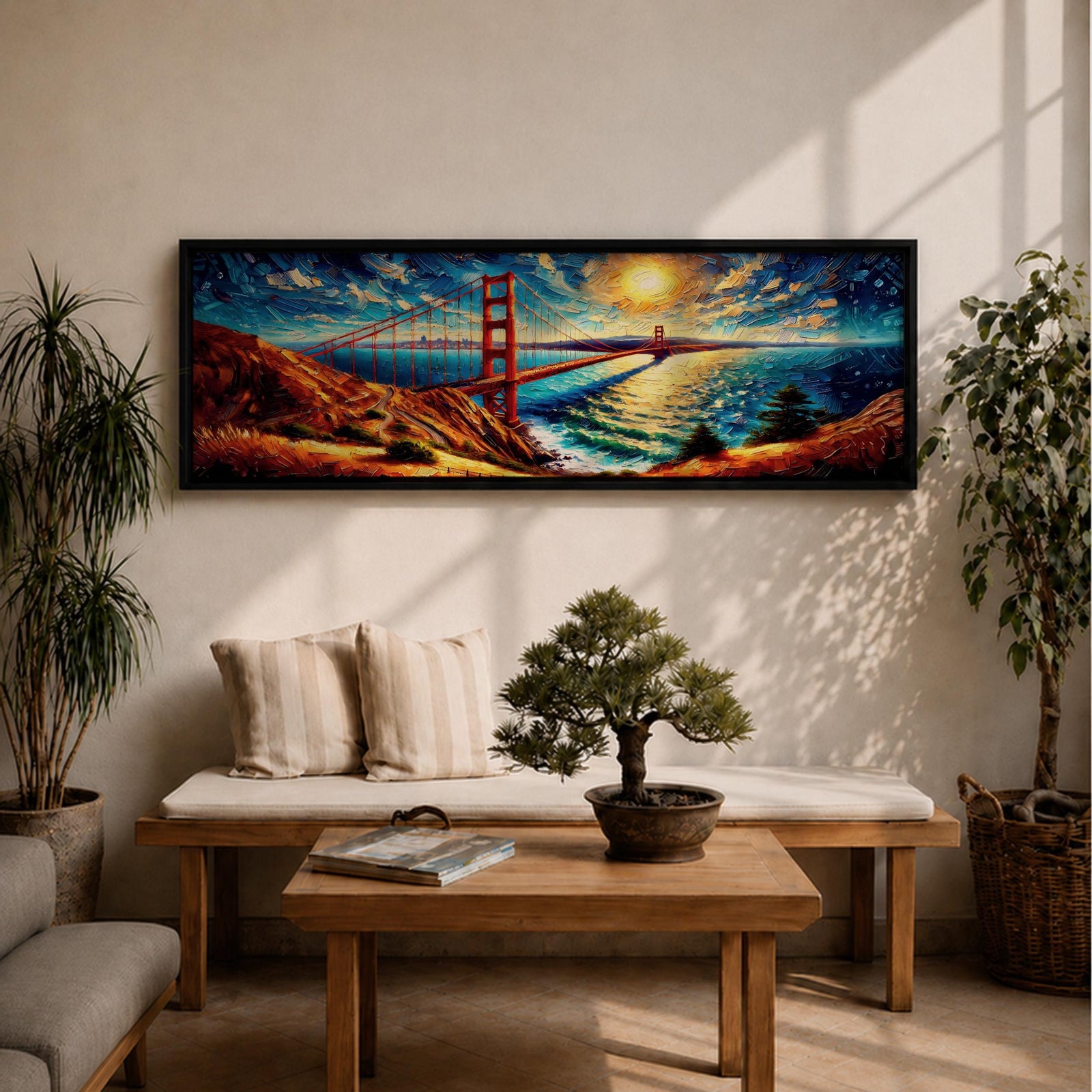 A long panoramic painting of the Golden Gate Bridge stretching across San Francisco Bay with vivid palette knife textures. The red suspension bridge rises between coastal hills while sunlight reflects across the water beneath a swirling sky of deep blues and warm yellows in an expressive impressionist landscape.