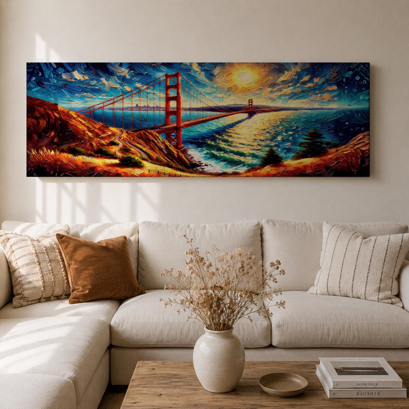 A long panoramic painting of the Golden Gate Bridge stretching across San Francisco Bay with vivid palette knife textures. The red suspension bridge rises between coastal hills while sunlight reflects across the water beneath a swirling sky of deep blues and warm yellows in an expressive impressionist landscape.