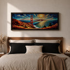 A long panoramic painting of the Golden Gate Bridge stretching across San Francisco Bay with vivid palette knife textures. The red suspension bridge rises between coastal hills while sunlight reflects across the water beneath a swirling sky of deep blues and warm yellows in an expressive impressionist landscape.