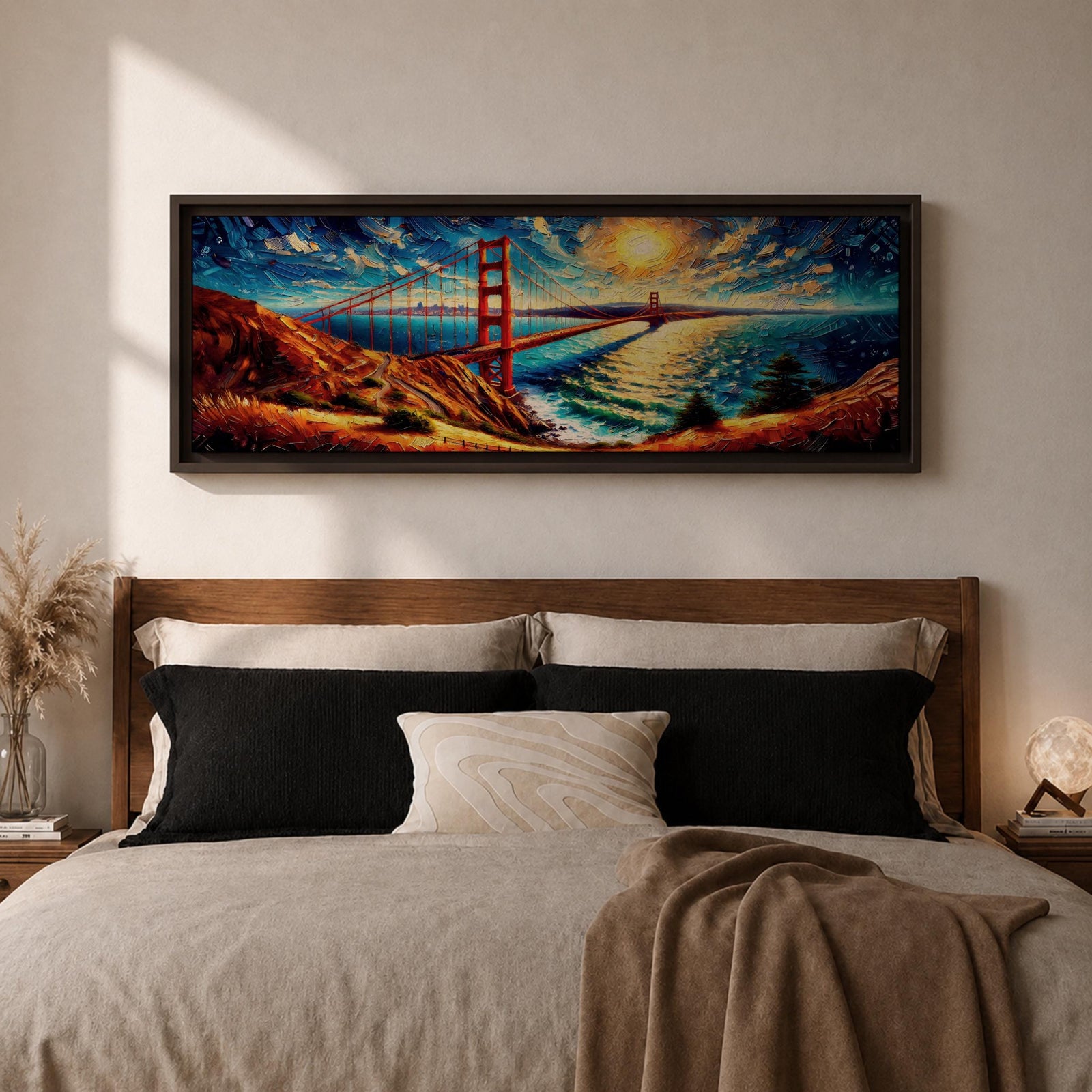 A long panoramic painting of the Golden Gate Bridge stretching across San Francisco Bay with vivid palette knife textures. The red suspension bridge rises between coastal hills while sunlight reflects across the water beneath a swirling sky of deep blues and warm yellows in an expressive impressionist landscape.