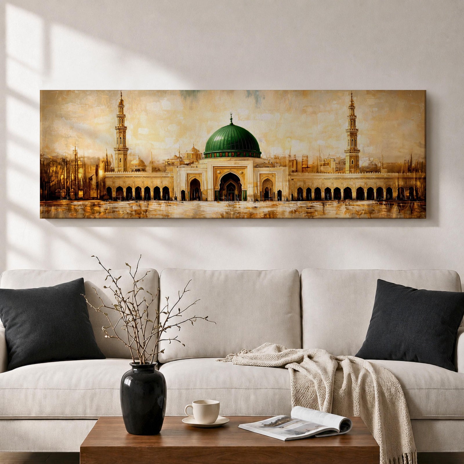 A long panoramic painting of the Prophet’s Mosque in Medina featuring the iconic green dome centered above grand archways and courtyards. Tall minarets rise on both sides while warm golden tones and textured brush strokes depict the historic Islamic mosque complex in a wide horizontal architectural composition.