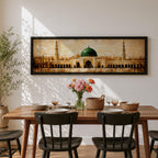 A long panoramic painting of the Prophet’s Mosque in Medina featuring the iconic green dome centered above grand archways and courtyards. Tall minarets rise on both sides while warm golden tones and textured brush strokes depict the historic Islamic mosque complex in a wide horizontal architectural composition.