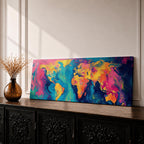 A long panoramic abstract world map painted with swirling fluid colors including vivid pink, turquoise blue, deep navy, and golden yellow. Continents emerge through marbled brush textures and flowing paint patterns, forming a modern global atlas composition across a wide horizontal canvas.