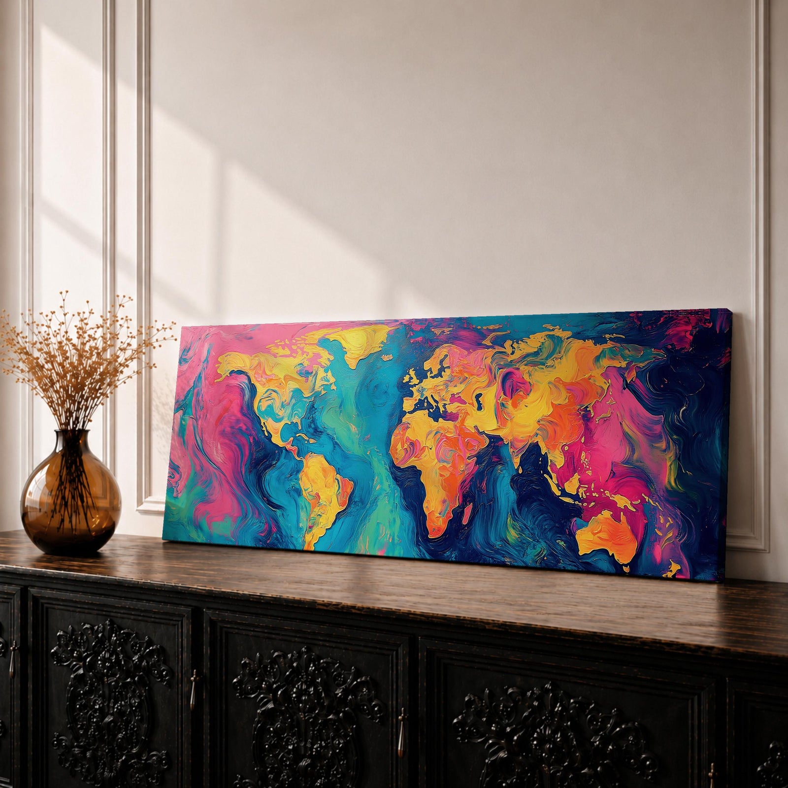 A long panoramic abstract world map painted with swirling fluid colors including vivid pink, turquoise blue, deep navy, and golden yellow. Continents emerge through marbled brush textures and flowing paint patterns, forming a modern global atlas composition across a wide horizontal canvas.
