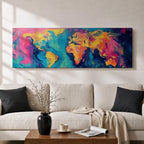 A long panoramic abstract world map painted with swirling fluid colors including vivid pink, turquoise blue, deep navy, and golden yellow. Continents emerge through marbled brush textures and flowing paint patterns, forming a modern global atlas composition across a wide horizontal canvas.