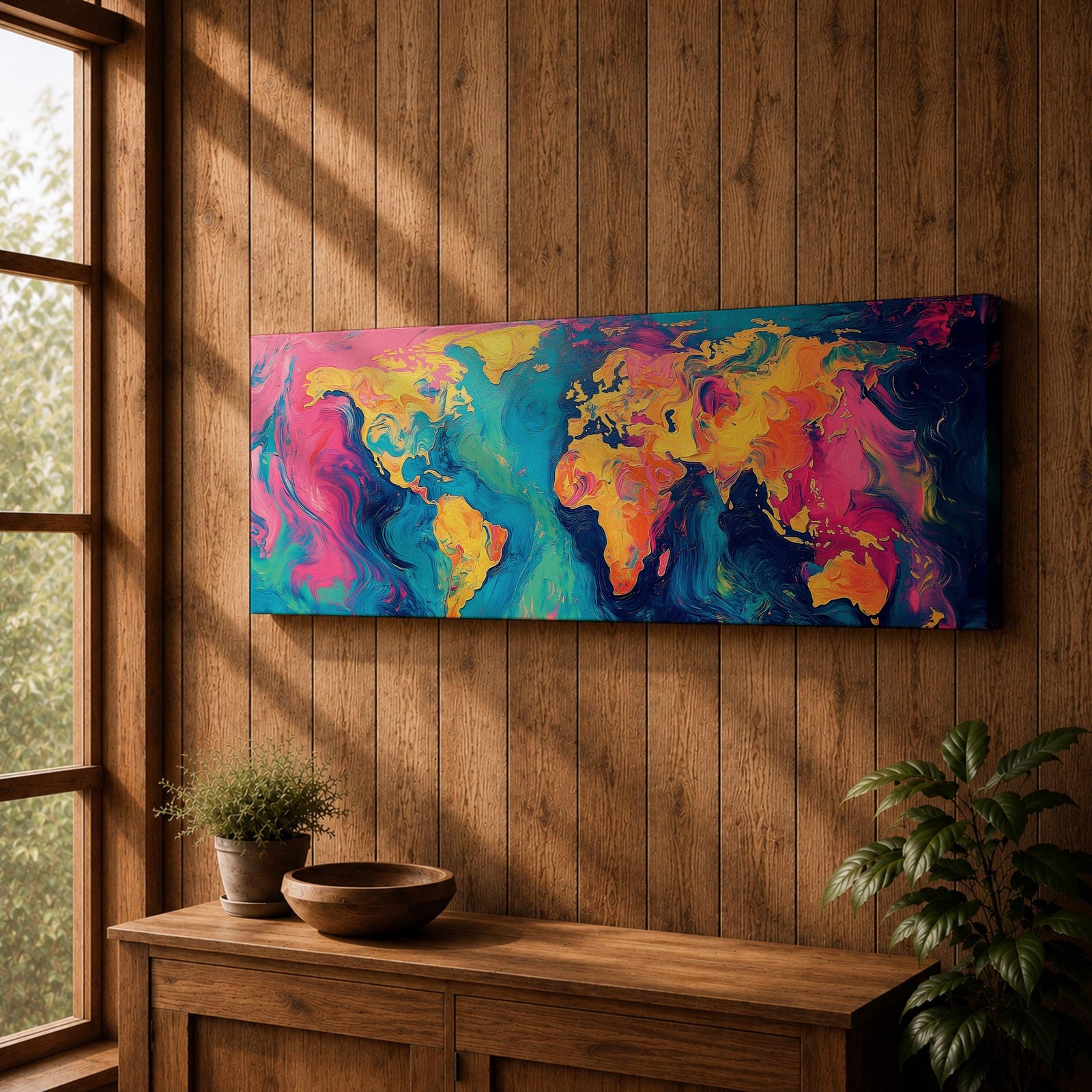 A long panoramic abstract world map painted with swirling fluid colors including vivid pink, turquoise blue, deep navy, and golden yellow. Continents emerge through marbled brush textures and flowing paint patterns, forming a modern global atlas composition across a wide horizontal canvas.