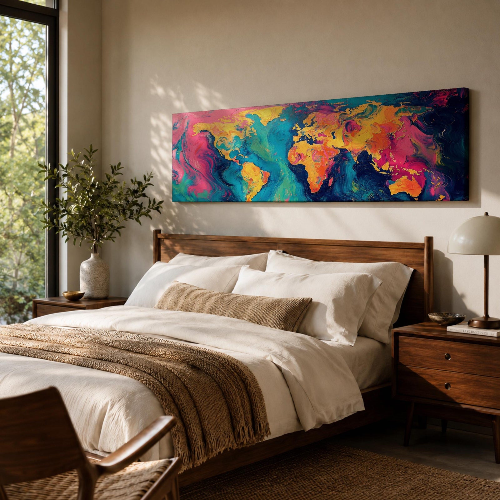 A long panoramic abstract world map painted with swirling fluid colors including vivid pink, turquoise blue, deep navy, and golden yellow. Continents emerge through marbled brush textures and flowing paint patterns, forming a modern global atlas composition across a wide horizontal canvas.