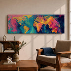 A long panoramic abstract world map painted with swirling fluid colors including vivid pink, turquoise blue, deep navy, and golden yellow. Continents emerge through marbled brush textures and flowing paint patterns, forming a modern global atlas composition across a wide horizontal canvas.